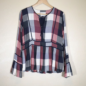 Thread & Supply Plaid Top Bell Sleeve Peplum L